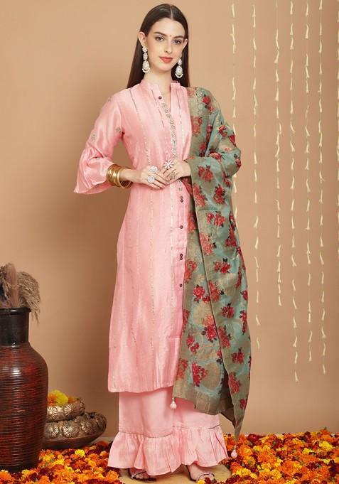 Buy Women Pink Embroidered Tussar Silk Kurta Set - XKS01712 - Fits for ...