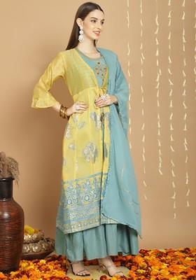 Mustard Embroidered Art Silk Kurta Set
