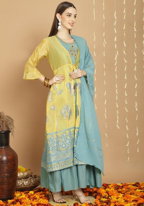 Mustard Embroidered Art Silk Kurta Set