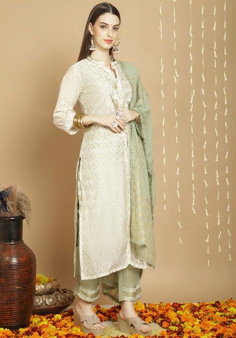 Off White Embroidered Art Silk Kurta Set