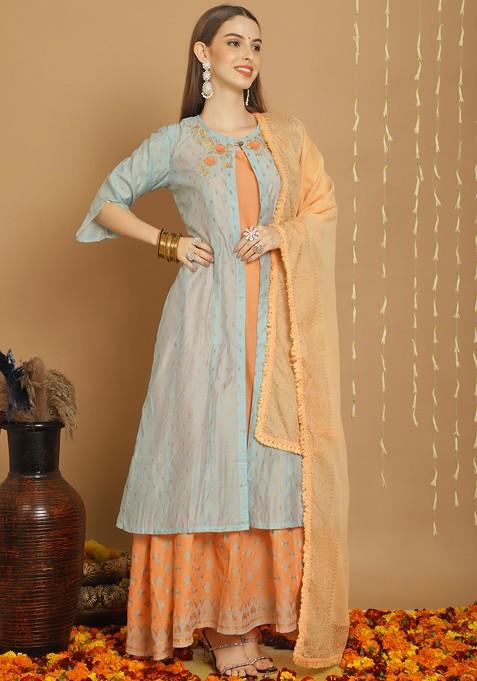 Grey Embroidered Art Silk Kurta Set