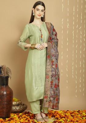 Pista Green Embroidered Tussar Silk Kurta Set