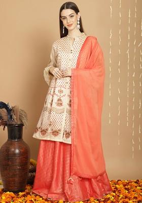 Cream Embroidered Art Silk Kurta Set