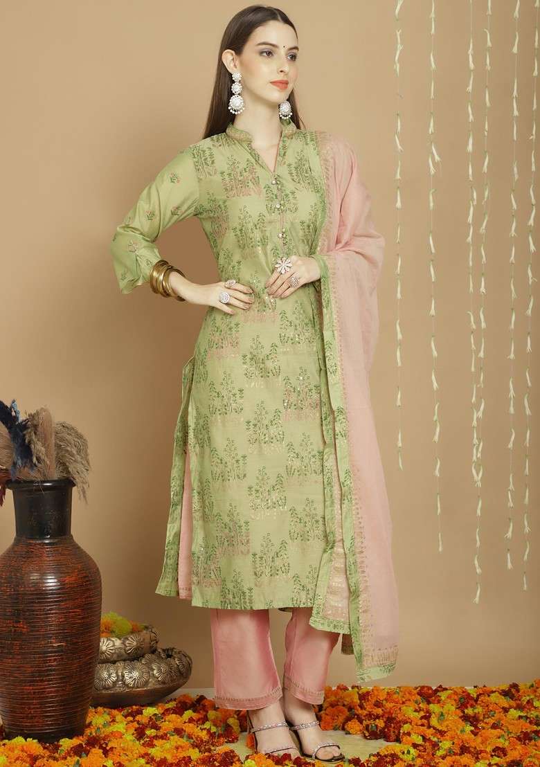 Green Embroidered Art Silk Kurta Set - Indya