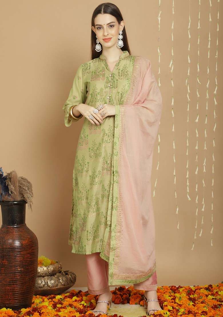 Green Embroidered Art Silk Kurta Set - Indya