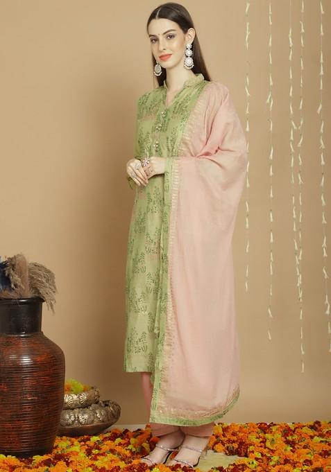 Green Embroidered Art Silk Kurta Set