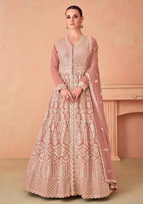 Peach Embroidered Georgette Anarkali Gown Set