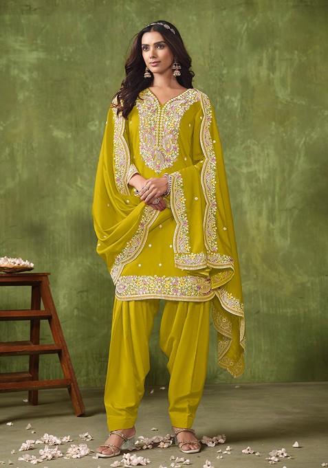 Yellow Embroidered Poly Viscose Chanderi Kurta Set