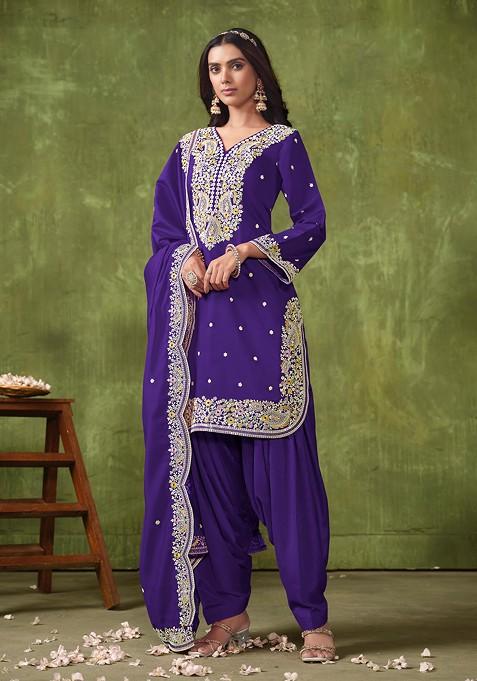 Purple Embroidered Poly Viscose Chanderi Kurta Set