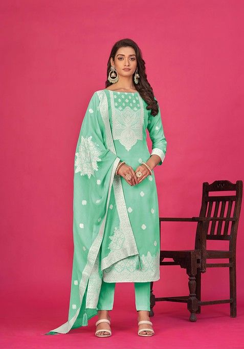 Sea Green Woven Organza Kurta Set