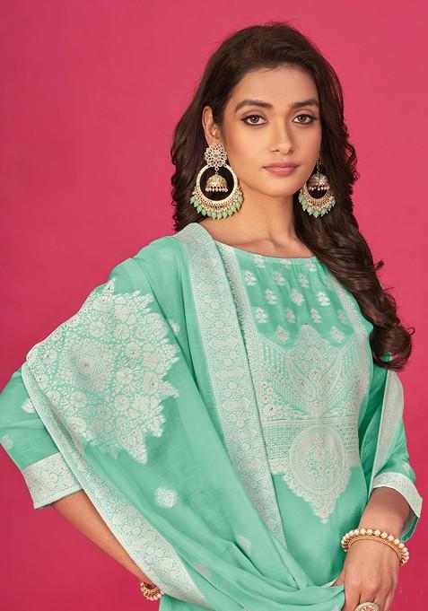 Sea Green Woven Organza Kurta Set