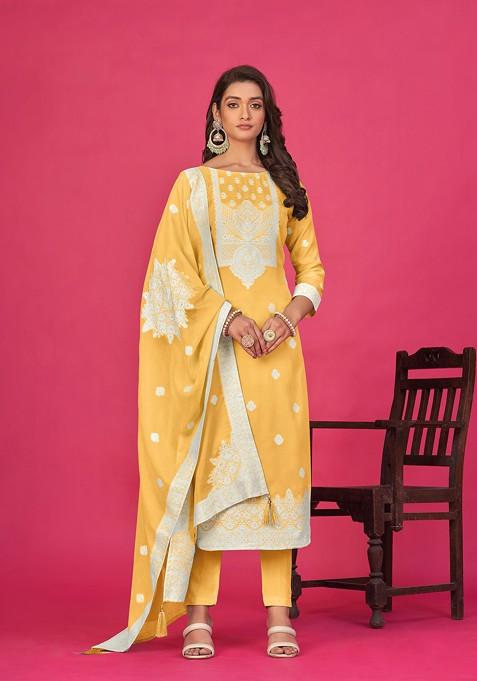 Yellow Woven Organza Kurta Set