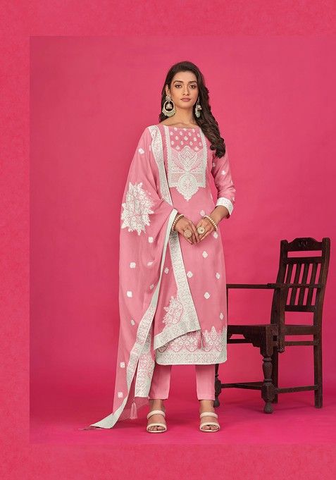 Pink Woven Organza Kurta Set