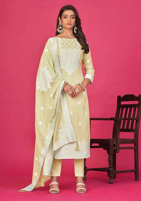 Beige Woven Organza Kurta Set