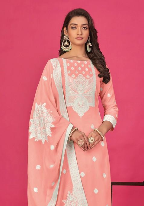 Peach Woven Organza Kurta Set