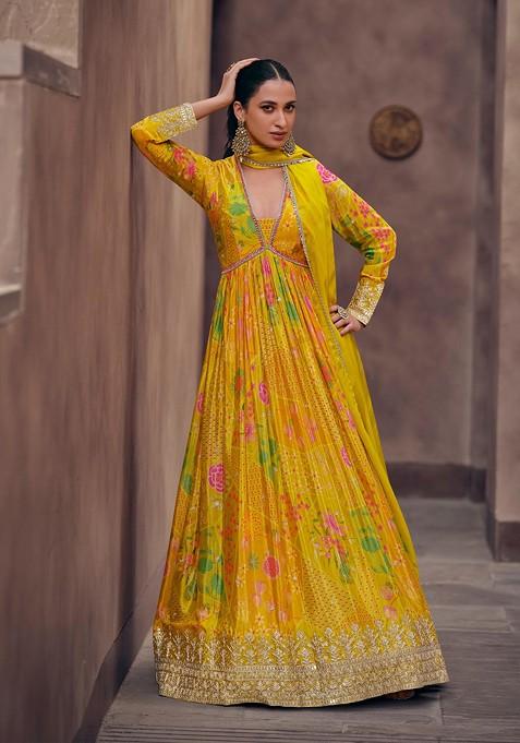 Yellow Embroidered Georgette Kurta Set