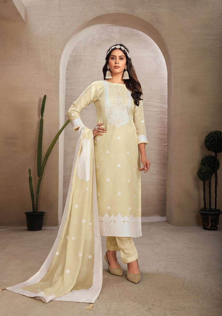 Beige Woven Organza Kurta Set - Indya