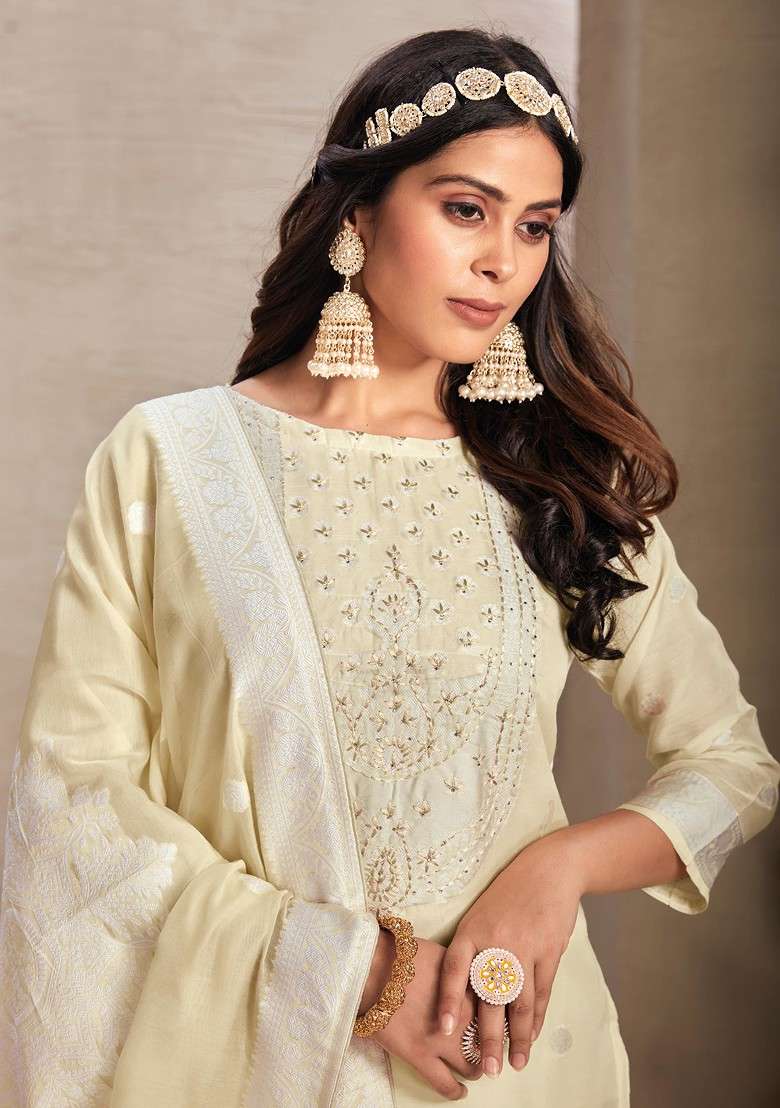 Beige Woven Organza Kurta Set - Indya