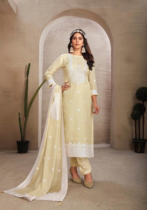 Beige Woven Organza Kurta Set