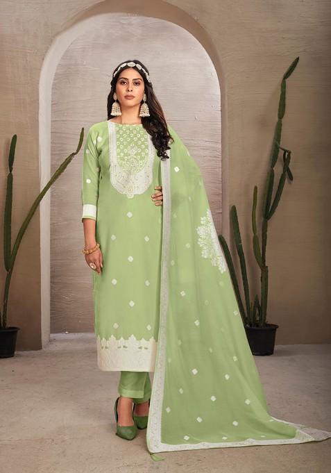 Pista Green Woven Organza Kurta Set