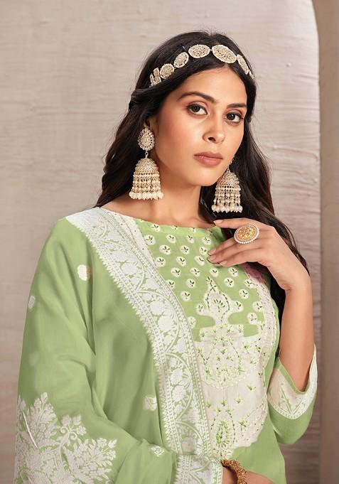 Pista Green Woven Organza Kurta Set