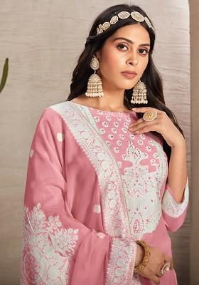 Pink Woven Organza Kurta Set