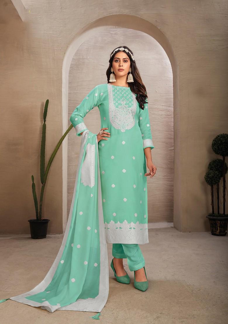 Sea Green Woven Organza Kurta Set