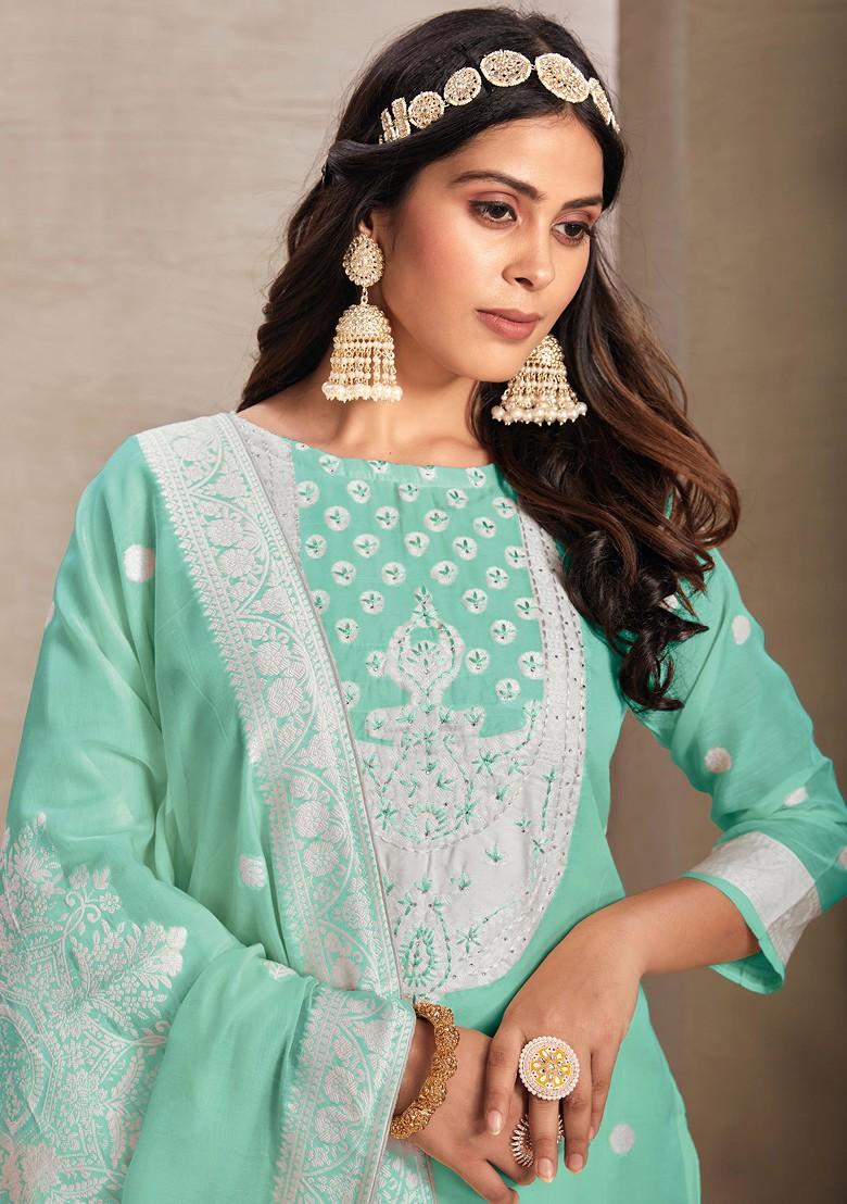 Sea Green Woven Organza Kurta Set