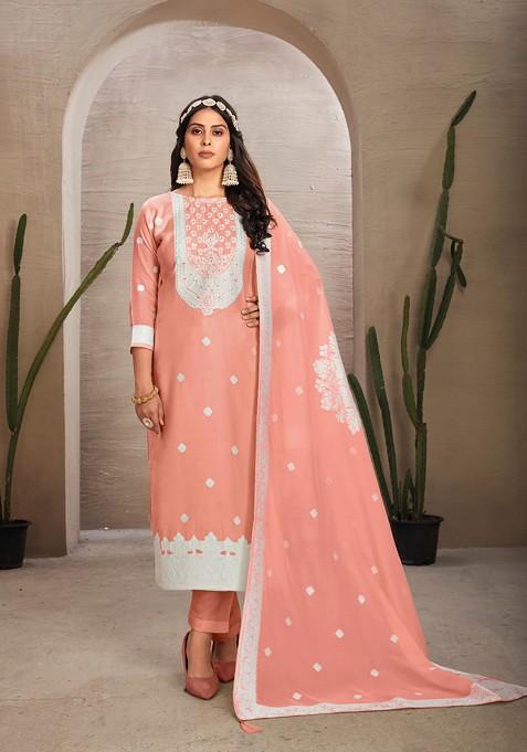 Peach Woven Organza Kurta Set