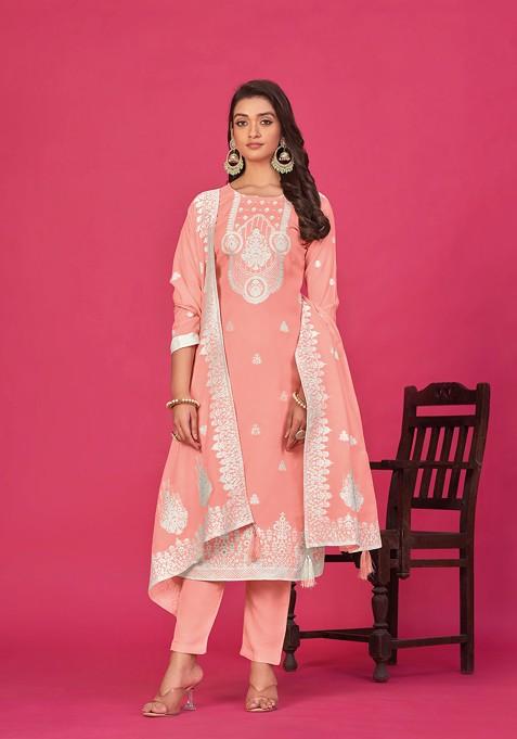 Peach Woven Organza Kurta Set