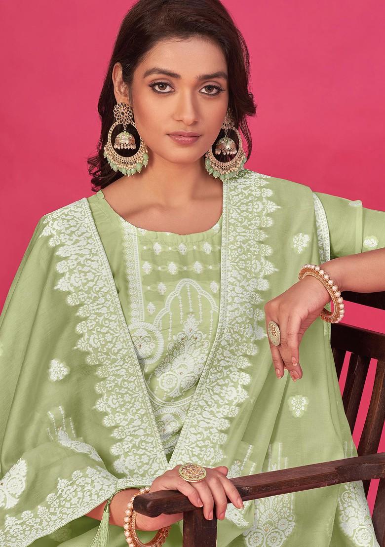 Pista Green Woven Organza Kurta Set - Indya