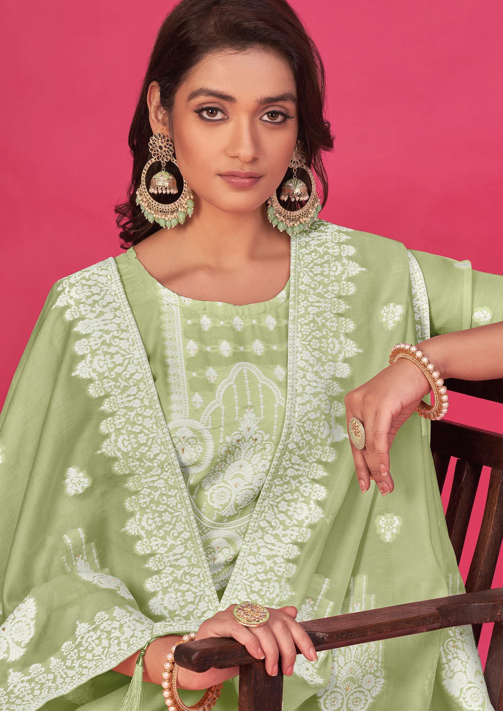 Pista Green Woven Organza Kurta Set - Indya