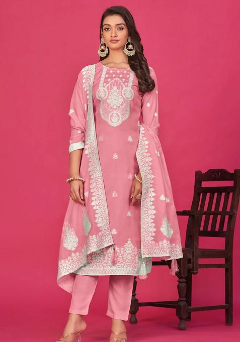 Pink Woven Organza Kurta Set