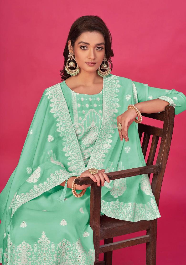 Sea Green Woven Organza Kurta Set