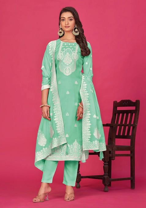 Sea Green Woven Organza Kurta Set