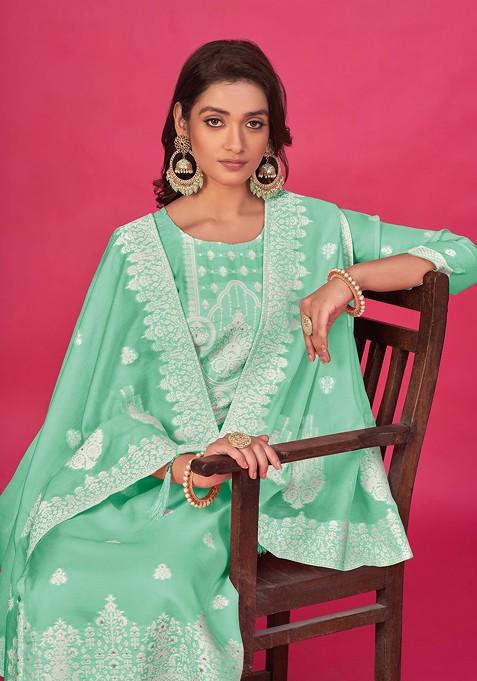 Sea Green Woven Organza Kurta Set