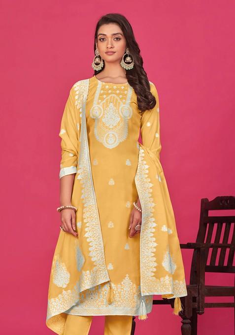 Yellow Woven Organza Kurta Set