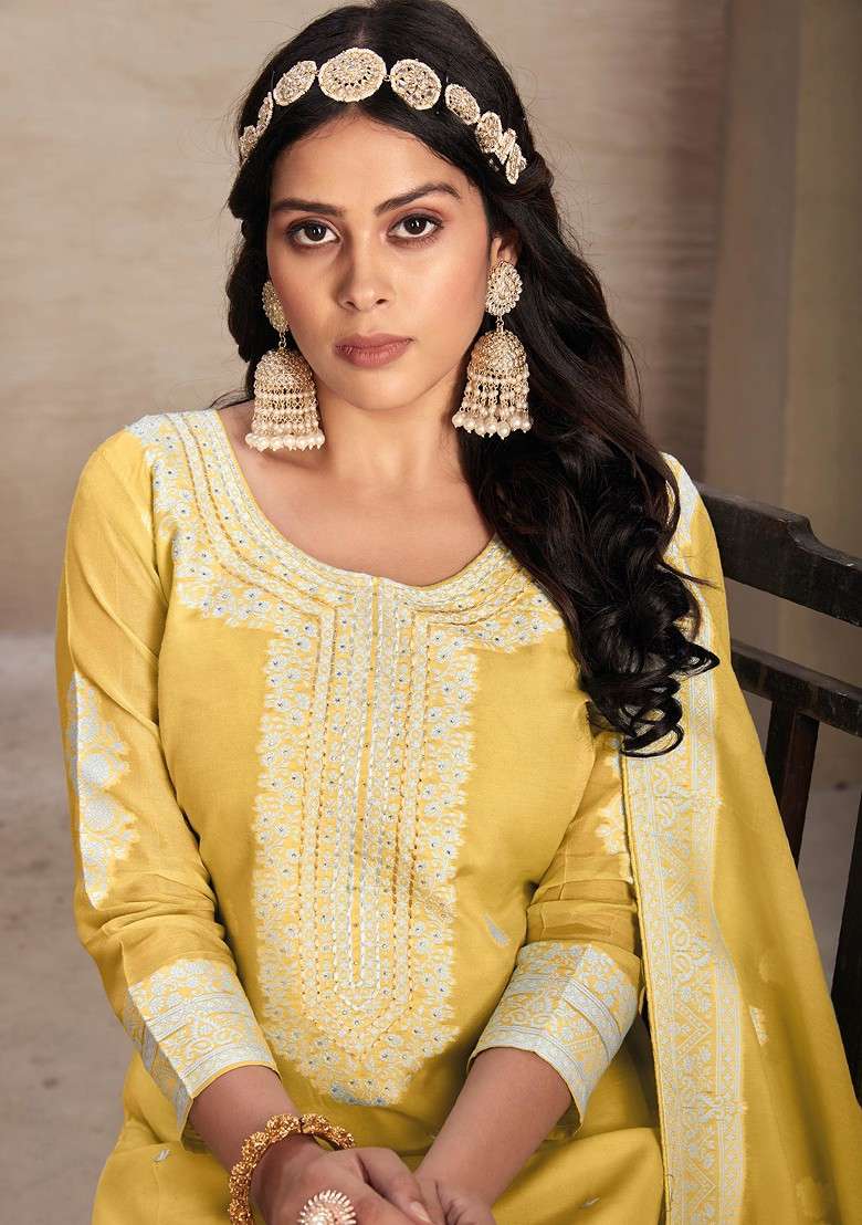 Yellow Hand Embroidered Organza Kurta Set - Indya