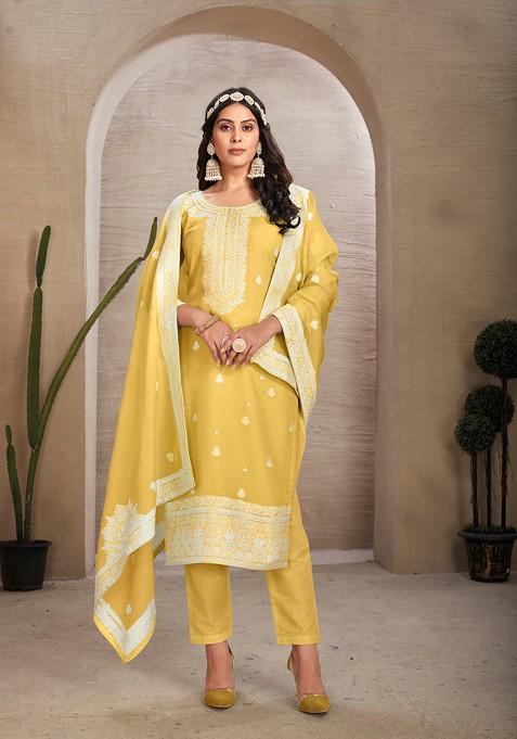 Yellow Hand Embroidered Organza Kurta Set