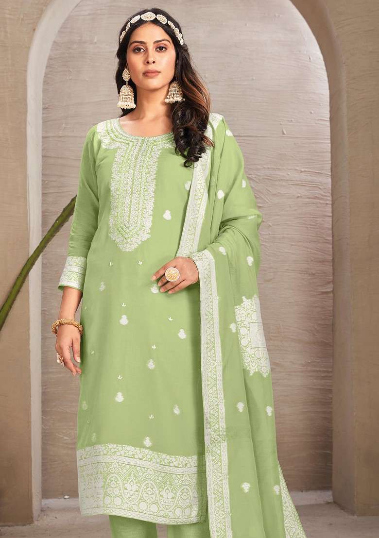 Pista Green Hand Embroidered Organza Kurta Set - Indya