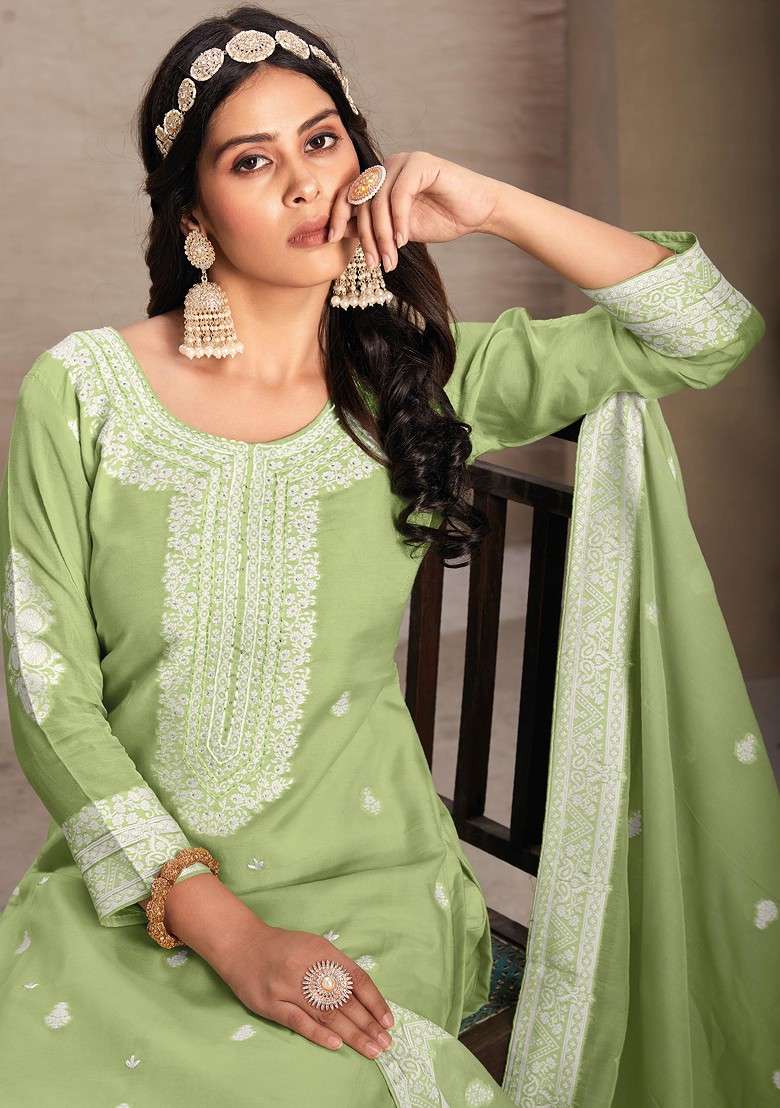 Pista Green Hand Embroidered Organza Kurta Set - Indya