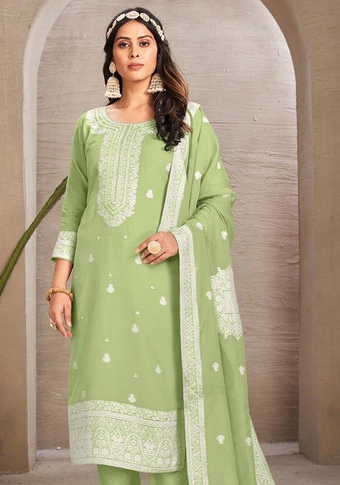 Pista Green Hand Embroidered Organza Kurta Set