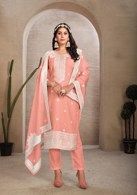 Peach Hand Embroidered Organza Kurta Set