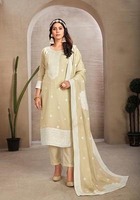 Beige Hand Embroidered Organza Kurta Set