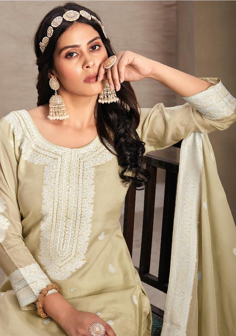Beige Hand Embroidered Organza Kurta Set - Indya