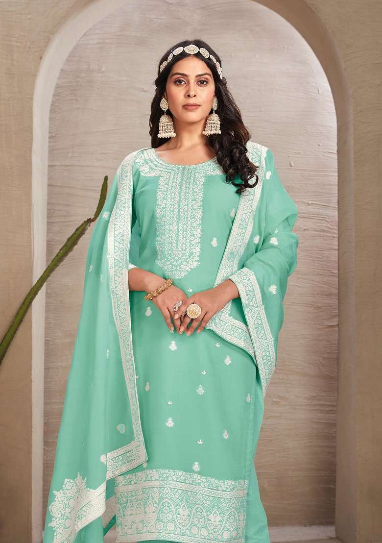 Sea Green Hand Embroidered Organza Kurta Set - Indya