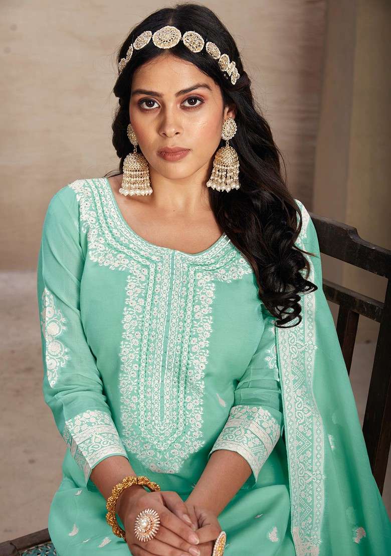 Sea Green Hand Embroidered Organza Kurta Set - Indya