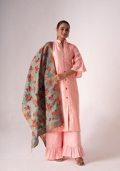 Pink Embroidered Tussar Silk Kurta Set