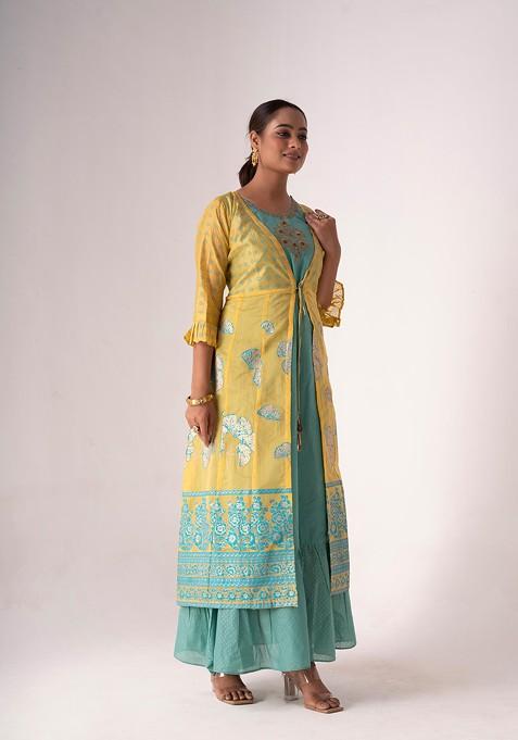 Mustard Embroidered Art Silk Kurta Set