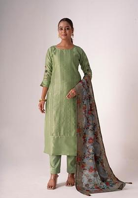 Pista Green Embroidered Tussar Silk Kurta Set